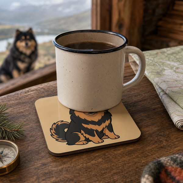 Finnish Lapphund Classic Illustration Cork-Back Coaster Finnish Lapphund cork-back coaster in use on a table