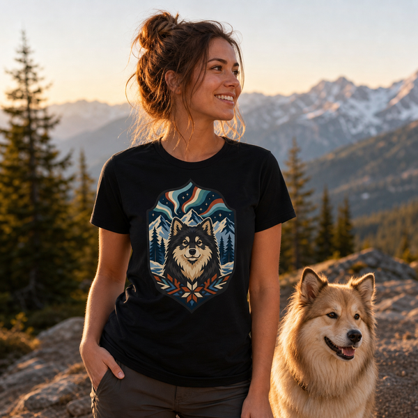 Finnish Lapphund Aurora Crest T-Shirt Finnish Lapphund t-shirt worn, lifestyle photo