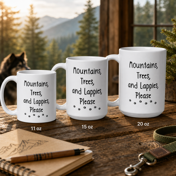 Finnish Lapphund Mug Mountains Trees Lappies Dog Fan Gift Finnish Lapphund mug size lineup, 11oz 15oz and 20oz