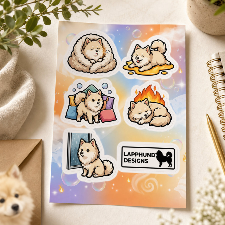 Finnish Lapphund Cozy Puppy Sticker Sheet – Sleepy Naps, Warm Beds & Peaceful Rest Finnish Lapphund sticker sheet