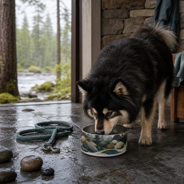 River Rock Trail Finnish Lapphund 32oz dog bowl in a cozy home setting