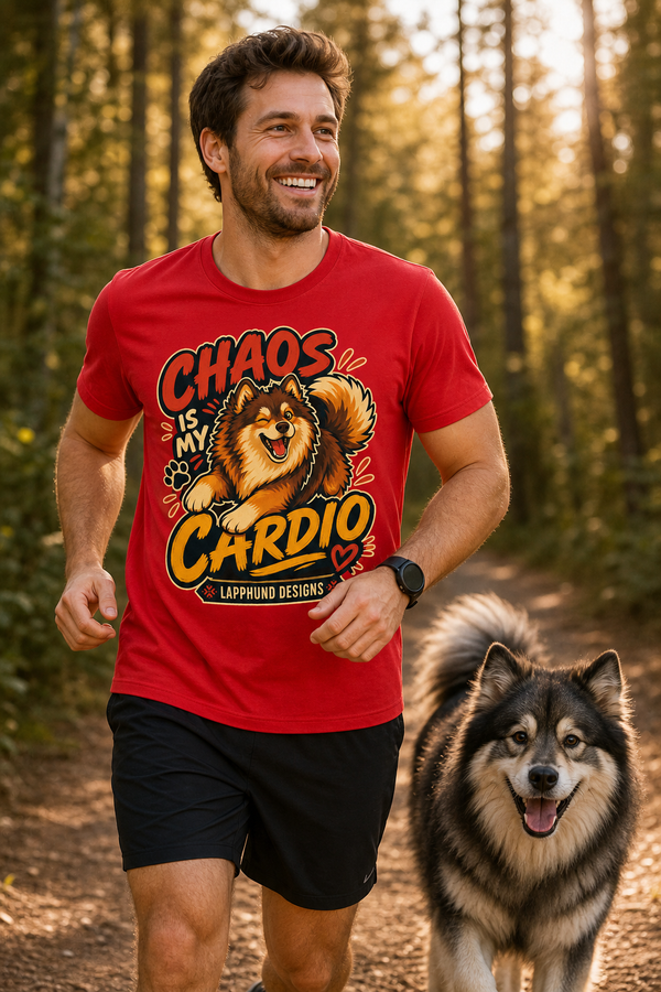 Finnish Lapphund Chaos Is My Cardio T-Shirt Finnish Lapphund t-shirt worn, lifestyle photo