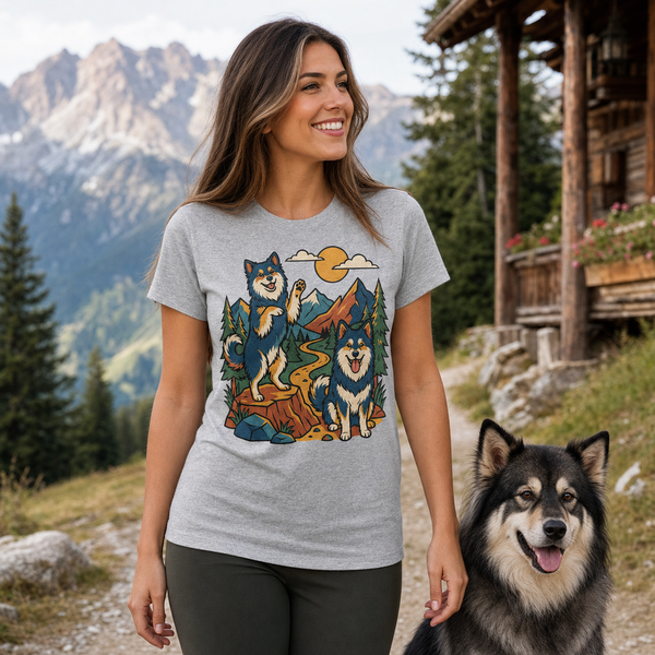 Finnish Lapphund Alpine Companions Lappy Style Tee Finnish Lapphund t-shirt worn, lifestyle photo