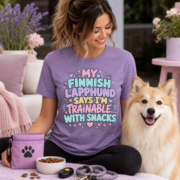 Finnish Lapphund Trainable With Snacks T-Shirt Finnish Lapphund t-shirt worn, lifestyle photo