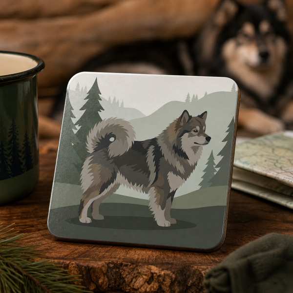 Finnish Lapphund Nordic Forest Profile Illustration Cork-Back Coaster Finnish Lapphund cork-back coaster