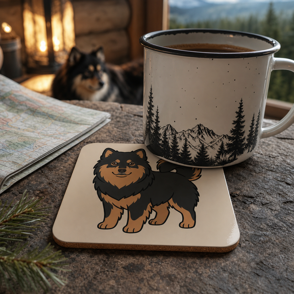Finnish Lapphund Standing Illustration Cork-Back Coaster Finnish Lapphund cork-back coaster in use on a table