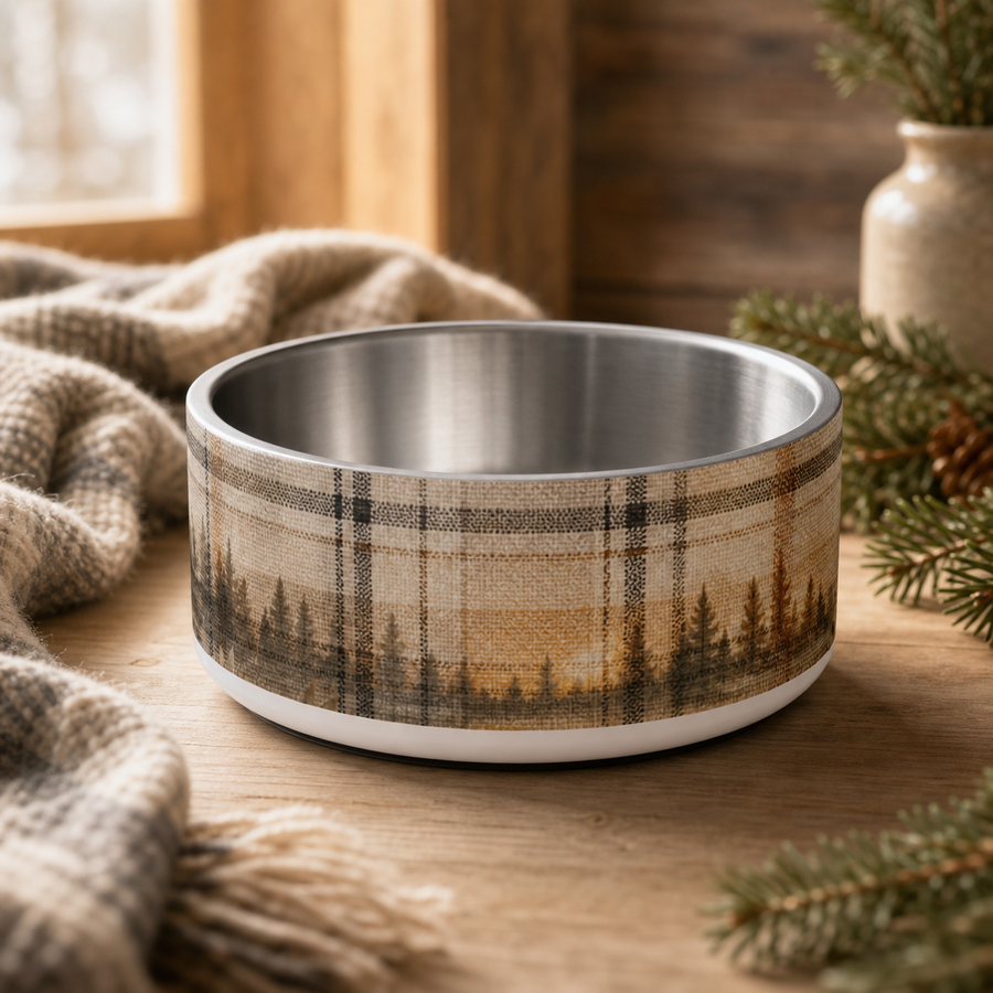Oatmeal Cabin Plaid Finnish Lapphund 32oz dog bowl