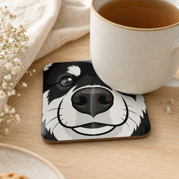 Finnish Lapphund Black and White Face Cork-Back Coaster Finnish Lapphund cork-back coaster in use on a table