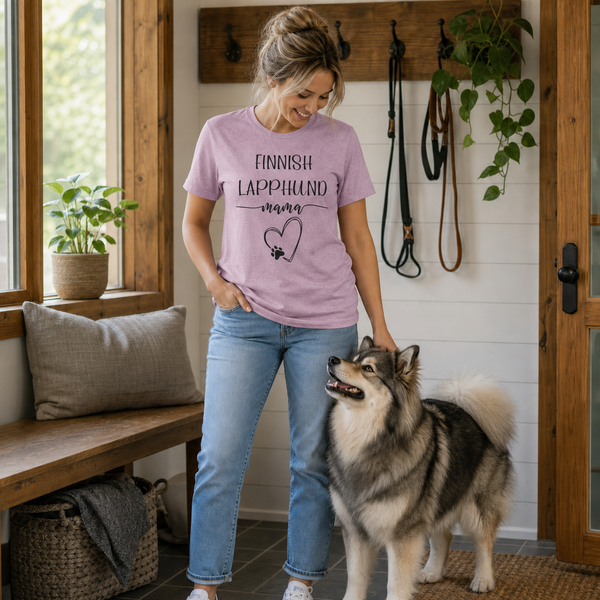 Finnish Lapphund Mama T-Shirt – Perfect for Proud Dog Moms & Lapphund Lovers Finnish Lapphund t-shirt worn, lifestyle photo