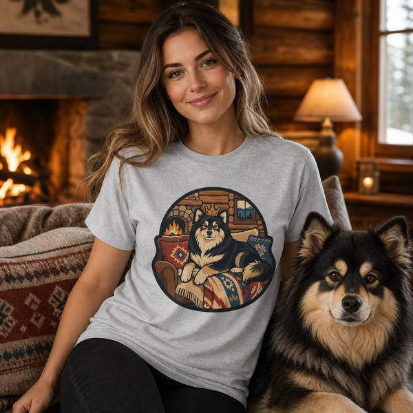 Finnish Lapphund Cozy Cabin King T-Shirt Finnish Lapphund t-shirt worn, lifestyle photo