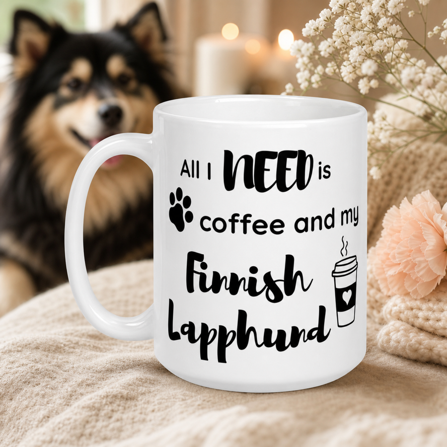 Finnish Lapphund Mug – 'All I Need is Coffee and My Finnish Lapphund' with Paw Print Finnish Lapphund ceramic mug