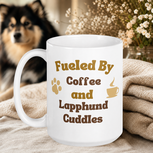 Finnish Lapphund Mug – 'Fueled By Coffee and Lapphund Cuddles Finnish Lapphund ceramic mug