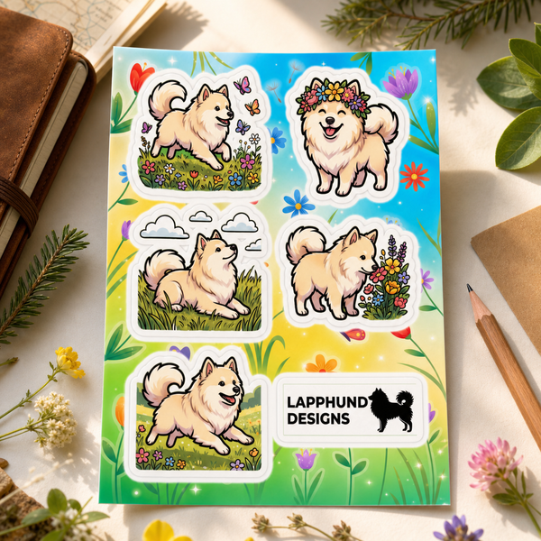Finnish Lapphund Spring Meadows Sticker Sheet – Flowers, Sunshine & Playful Joy Finnish Lapphund sticker sheet