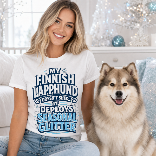 Finnish Lapphund Seasonal Glitter T-Shirt Finnish Lapphund t-shirt worn, lifestyle photo