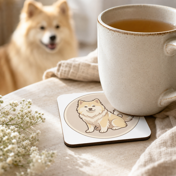 Finnish Lapphund Cream Sitting Badge Cork-Back Coaster Finnish Lapphund cork-back coaster in use on a table