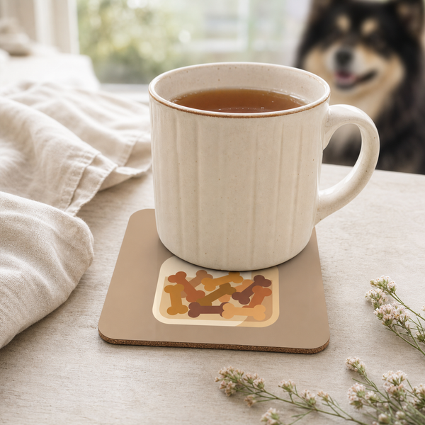 Dog Treat Jar Illustration Cork-Back Coaster for Finnish Lapphund Lovers Finnish Lapphund cork-back coaster in use on a table