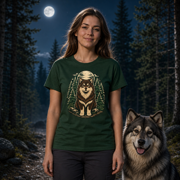 Finnish Lapphund Moonlit Forest T-Shirt Finnish Lapphund t-shirt worn, lifestyle photo