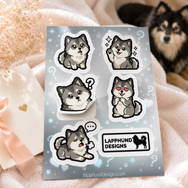 Individual peel detail of the Finnish Lapphund Curious Reactions Sticker Sheet β Questions, Hearts & Sweet Expressions Finnish Lapphund sticker sheet