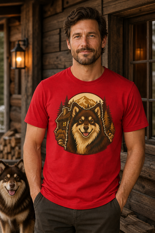 Finnish Lapphund Cabin Country Portrait T-Shirt Finnish Lapphund t-shirt worn, lifestyle photo