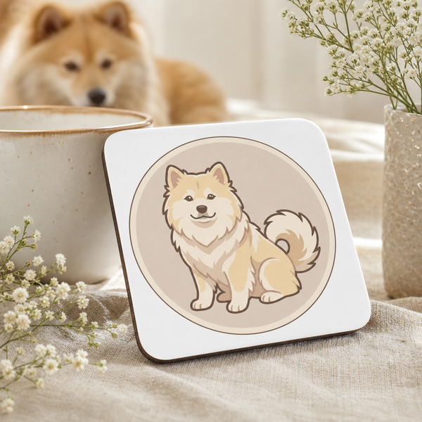 Finnish Lapphund Cream Sitting Badge Cork-Back Coaster Finnish Lapphund cork-back coaster