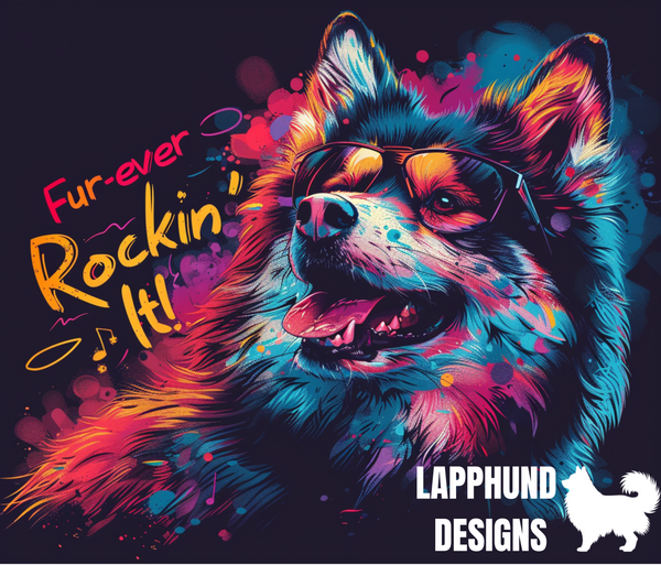 Fur-ever Rockinβ Finnish Lapphund Tumbler with a colorful, music-loving Lapphund in sunglasses and musical notes.