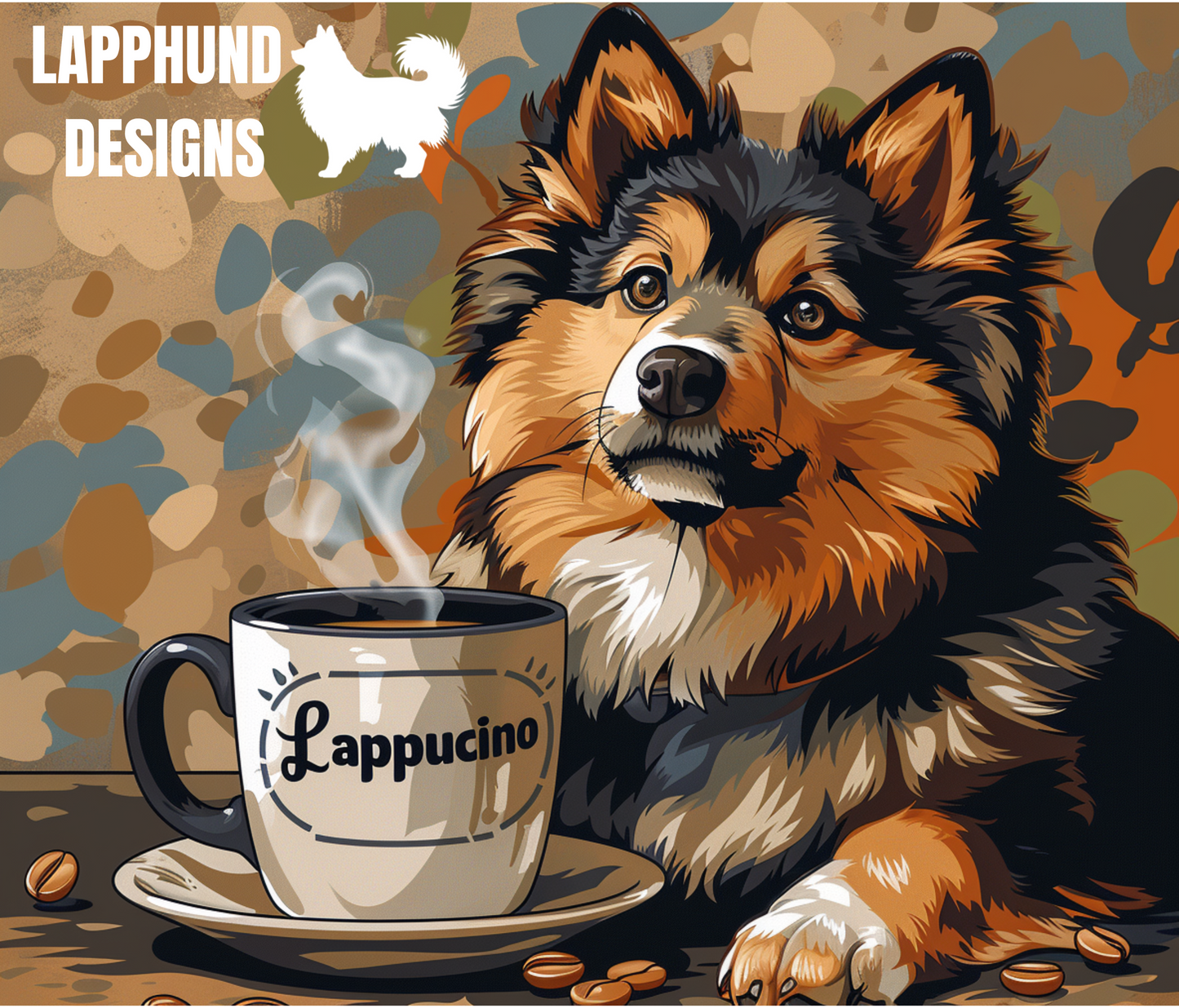 Lappuccino Finnish Lapphund Tumbler featuring a cozy Lapphund with a steaming coffee cup design.