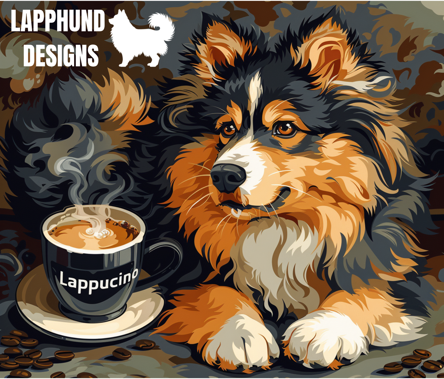 Lappucino Art Finnish Lapphund Tumbler with a painterly Lapphund and multi-panel coffee cup design.