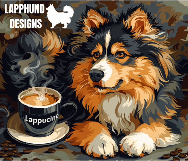 Lappucino Art Finnish Lapphund Tumbler with a painterly Lapphund and multi-panel coffee cup design.