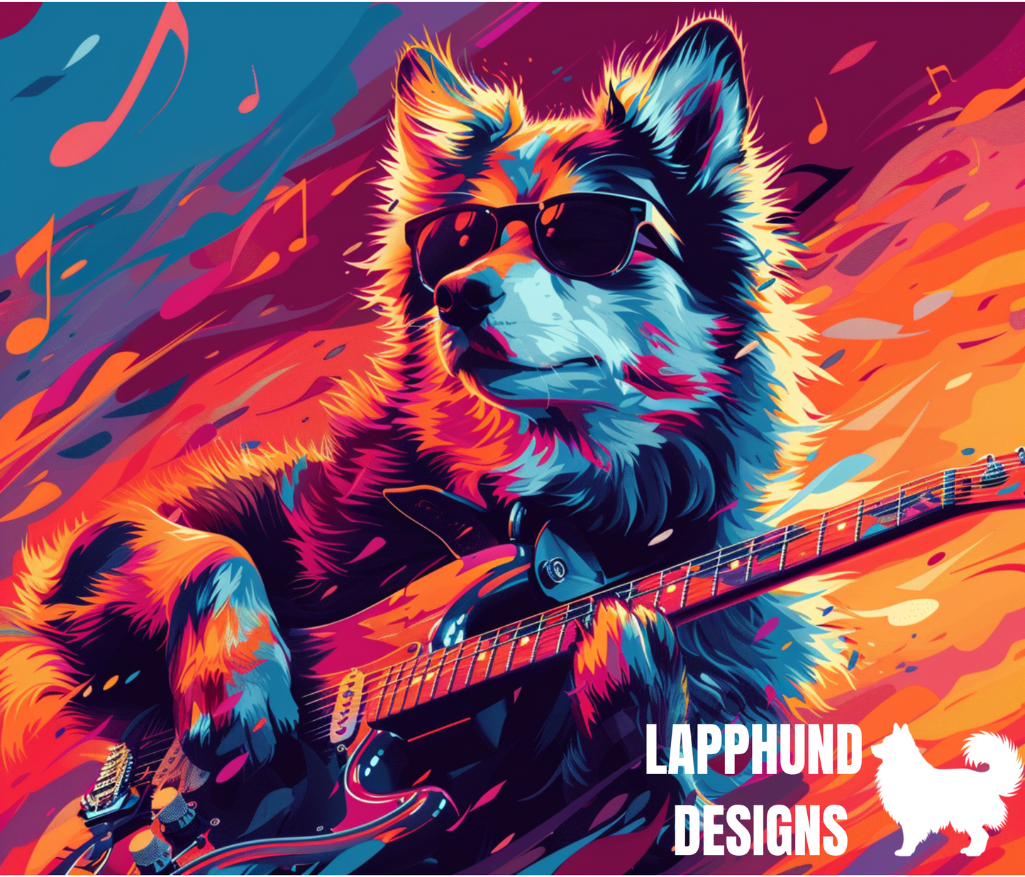 Rockstar Finnish Lapphund Tumbler with a vibrant guitar-playing Lapphund in sunglasses on a musical background.