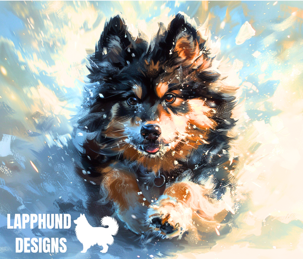 Snow Charge Finnish Lapphund Tumbler with a Lapphund charging through a snowy flurry on a golden background.