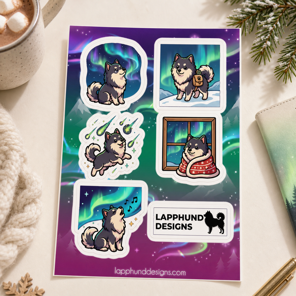 Finnish Lapphund Northern Lights Sticker Sheet – Aurora Nights & Nordic Winter Scenes Finnish Lapphund sticker sheet