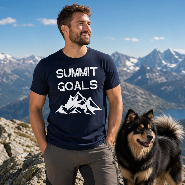 Summit Goals Mountain Adventure T-Shirt - Finnish Lapphund Hiking Tee Finnish Lapphund t-shirt worn, lifestyle photo