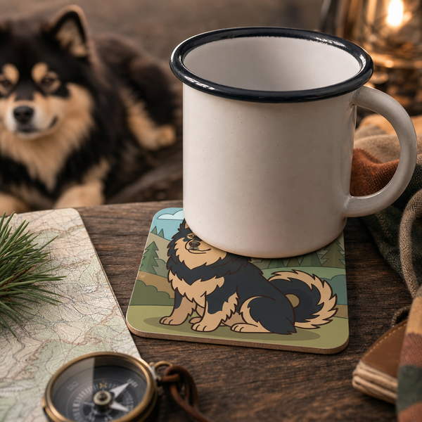 Finnish Lapphund Mountain Meadow Illustration Cork-Back Coaster Finnish Lapphund cork-back coaster in use on a table