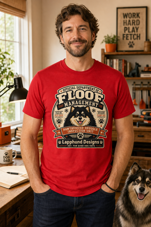Finnish Lapphund Floof Management T-Shirt Finnish Lapphund t-shirt worn, lifestyle photo