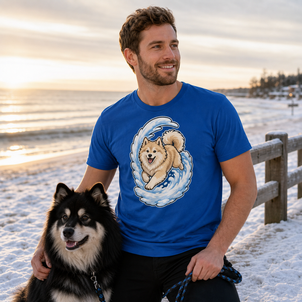 Finnish Lapphund Wave Rider T-Shirt Finnish Lapphund t-shirt worn, lifestyle photo
