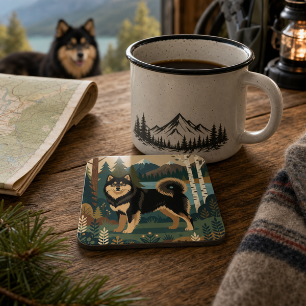 Finnish Lapphund Nordic Mountain Lake Illustration Cork-Back Coaster Finnish Lapphund cork-back coaster in use on a table