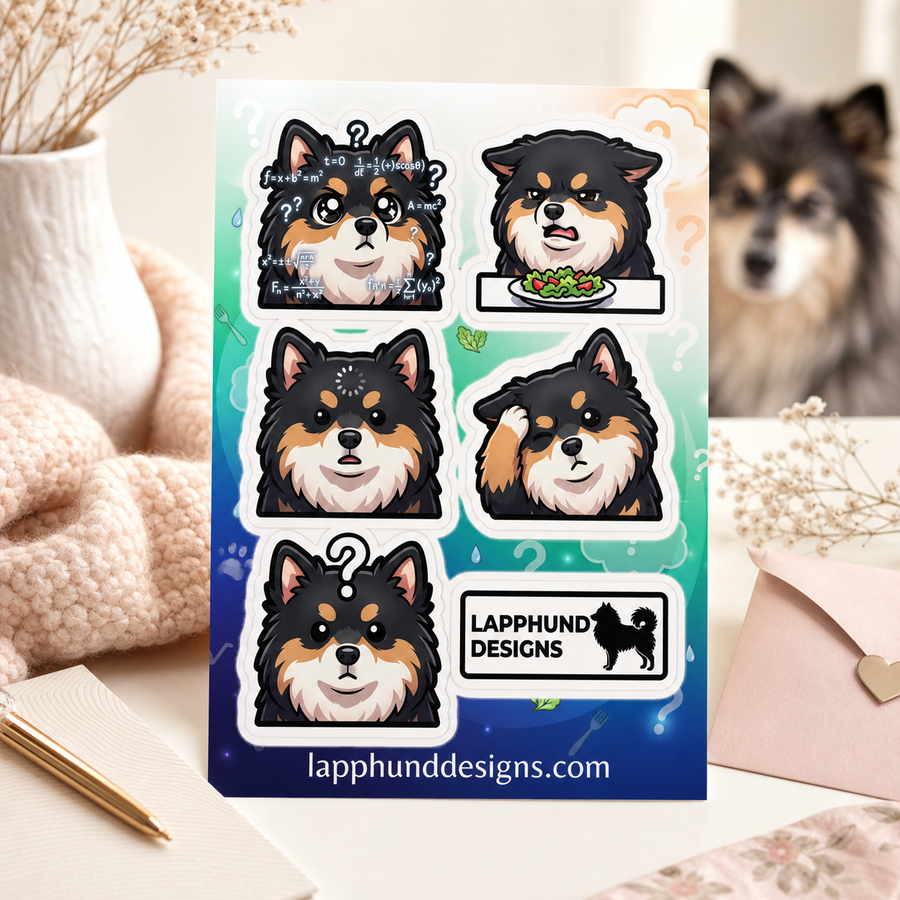 Finnish Lapphund Confused Expressions Sticker Sheet – Question Marks, Hesitation & Unsure Faces Finnish Lapphund sticker sheet