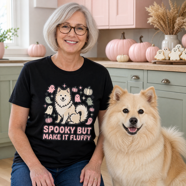 Finnish Lapphund Spooky But Make It Fluffy T-Shirt Finnish Lapphund t-shirt worn, lifestyle photo