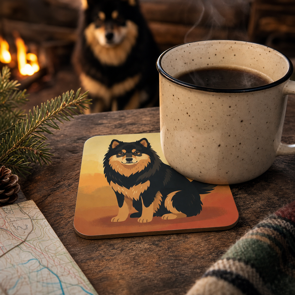 Finnish Lapphund Warm Sunset Illustration Cork-Back Coaster Finnish Lapphund cork-back coaster in use on a table