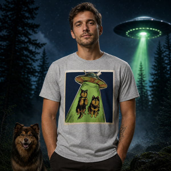 Finnish Lapphund UFO Encounter T-Shirt Finnish Lapphund t-shirt worn, lifestyle photo