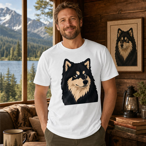 Finnish Lapphund Bold Portrait T-Shirt Finnish Lapphund t-shirt worn, lifestyle photo