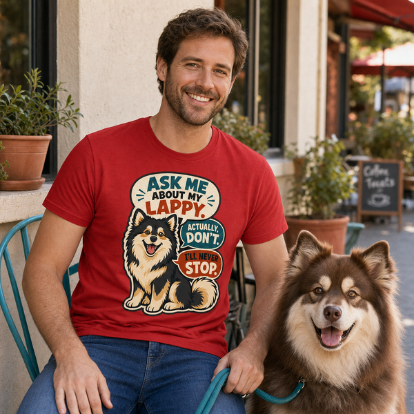 Finnish Lapphund Ask Me About My Lappy T-Shirt Finnish Lapphund t-shirt worn, lifestyle photo