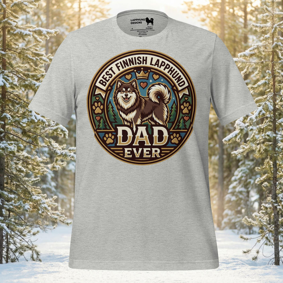 Best Finnish Lapphund Dad Ever t-shirt featuring a heritage-style badge design