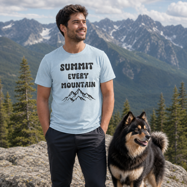 Summit Every Mountain Finnish Lapphund T-Shirt - Bold Design Finnish Lapphund t-shirt worn, lifestyle photo