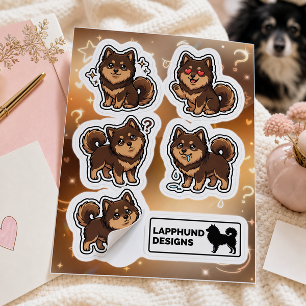 Individual peel detail of the Finnish Lapphund Curious Puppy Sticker Sheet – Confused Looks, Question Marks & Sweet Reactions Finnish Lapphund sticker sheet