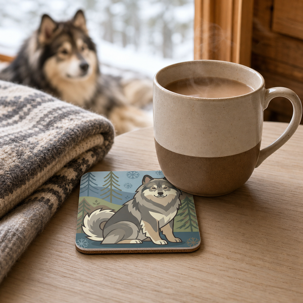 Finnish Lapphund Winter Forest Symbol Illustration Cork-Back Coaster Finnish Lapphund cork-back coaster in use on a table