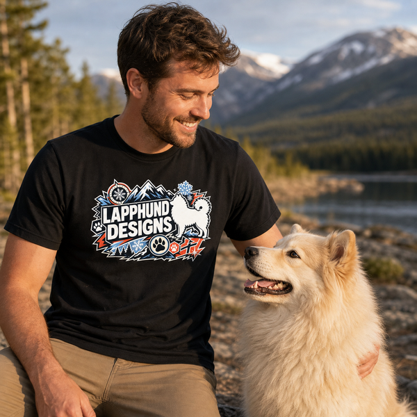 Finnish Lapphund Arctic Adventure Logo T-Shirt Finnish Lapphund t-shirt worn, lifestyle photo