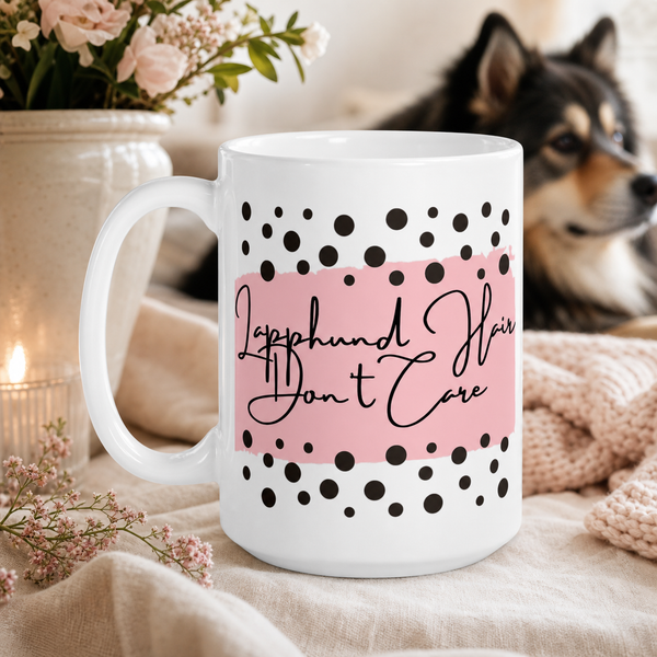Finnish Lapphund Mug – 'Lapphund Hair Don't Care' with Pink & Polka Dots Finnish Lapphund ceramic mug