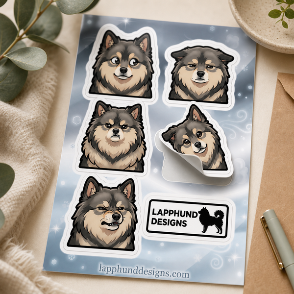Finnish Lapphund Subtle Expressions Sticker Sheet β Real-Life Moods, Soft Reactions & Everyday Faces Finnish Lapphund t-shirt worn, lifestyle photo