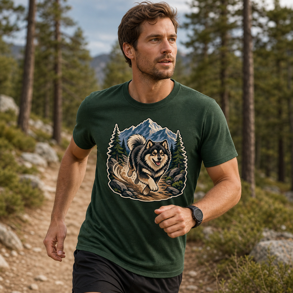 Finnish Lapphund Trail Runner T-Shirt Finnish Lapphund t-shirt worn, lifestyle photo